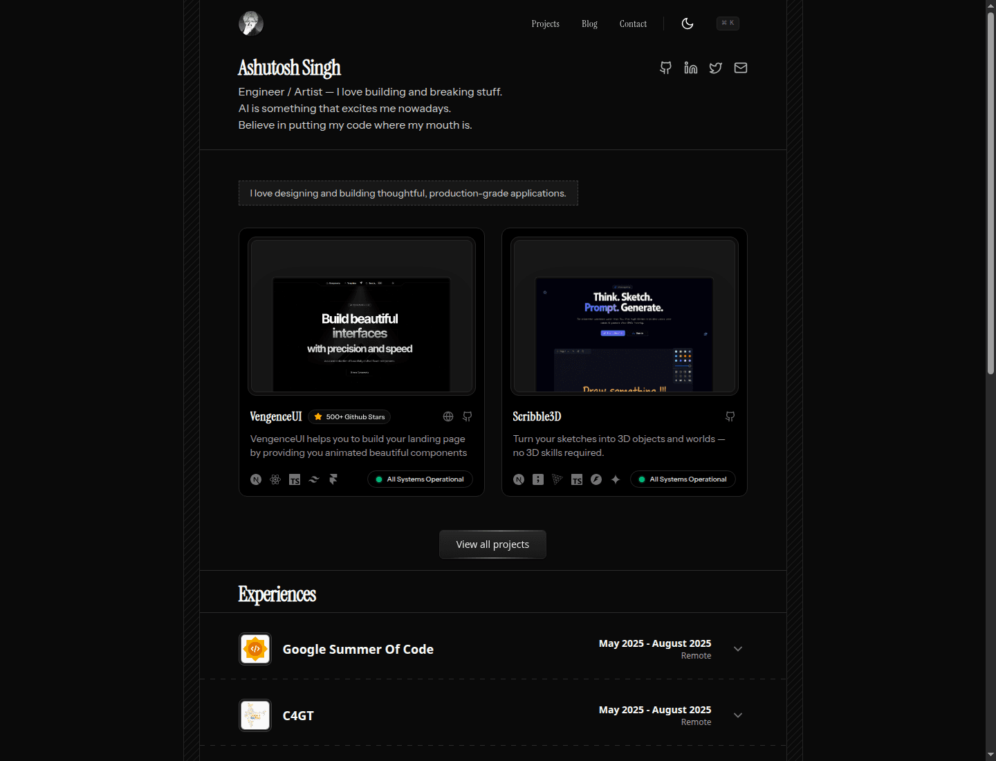 Portfolio V1 projects and experience screenshot